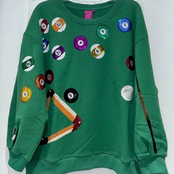 🎱NWOT Queen Of Sparkles M (Oversized) Sequined Green Pool Table Sweatshirt EUC - Picture 5 of 7